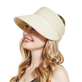 Women's Straw Sun Hat with UPF 80+ - Wide Brim Beach Visor & Packable Ponytail Summer Hat, UV Protection Foldable Travel Hat for Outdoor Activities (Beige hat)
