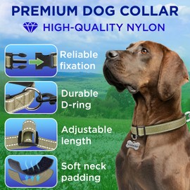 TECEUM Reflective Dog Collar – Olive – M – Extra Soft Padding – Basic Nylon Pet Collar – Quick Release Buckle – Fits Small, Medium and Large Dogs, Puppies, Cats – ESA & Service Dog Options