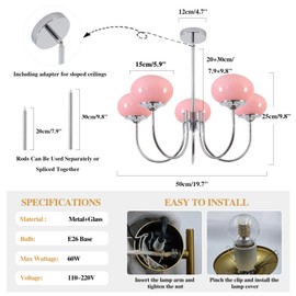 BOKT Nordic Pink Chandelier 5 Heads Chrome Chandelier Pendant Light Fixture Dining Room Oval Glass Globe Ceiling Chandeliers Elegant Decorative Chandeliers for Girls' Bedroom