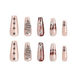 Angwis 24pcs Medium Coffin Press-on Nails Brown Ombre Snake Rhinestone Set