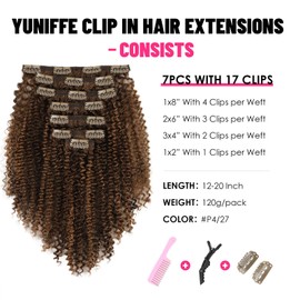 Yuniffe Kinky Curly Clip in Hair Extensions 120g Double Weft Curly Hair Extensions #P4/27 Dark Brown Highlight Blonde Kinky Curly Clip ins Remy Human Hair Clip in Extensions 7Pcs 18 Inch