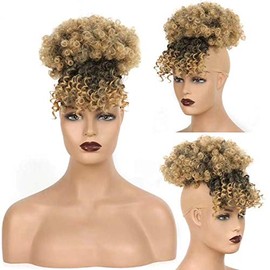 YanT Hair High Puff Afro Kinky Curly Ponytail with bangs Ponytail Drawstring with Kinky Curly Bangs Clip in on Synthetic Curly Hair Bun Puff Ponytail Wrap Updo Hair Extensions with Clips