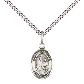 Women's Pewter Saint Raphael the Archangel Medal Pendant on 18 Inch Rhodium Plated Lite Curb Brass Chain with Lobster Claw Clasp, Catholic Religious Necklace - Made in USA- Velvet Gift Box