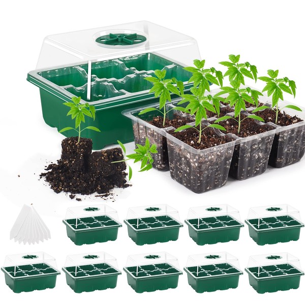 MIXC 10 Set Seedling Trays Seed Starter Kit, 60 Large Cells Mini Propagator Plant Grow Kit with Humidity Vented Domes and Base for Seeds Starting Greenhouse (6 per Tray)