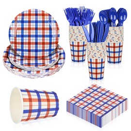 175pcs 4th of July Plates and Napkins Sets Patriotic Buffalo Plaid Party Supplies for 25 Guests July 4th Party Parper Plates and Napkins Fourth of July Decor for Memorial Day Independence Veterans Day