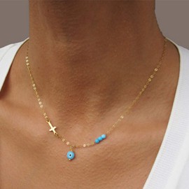Sttiafay Boho Evil Eye Pendant Necklace Dainty Cross Clavicle Chain Turquoise Bead Choker Necklace Chain Jewelry for Women Girls