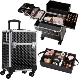 Rolling Makeup Case on Wheels 4 Tray Cosmetic Trolley with Sliding Rail Removable Middle Layer Salon Barber Case Cart Trunkcolor: Pro Black, size: 34x33.5x43cm