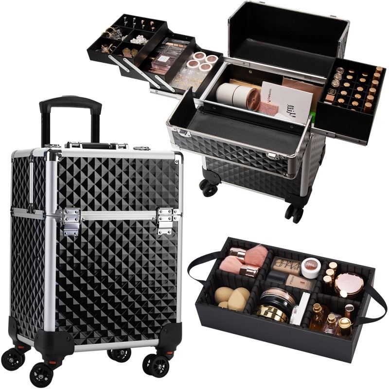 Rolling Makeup Case on Wheels 4 Tray Cosmetic Trolley with