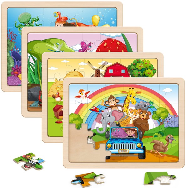 SYNARRY Wooden Animal Jigsaw Puzzles for Kids 3 4 5 Year Olds - 4 Packs 24 Piece Children’s Jigsaw Puzzles Age 3 4 5 6 Boys Girls