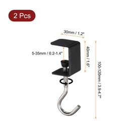 sourcing map 2pcs Desk Hook Clamp 0.2"-1.4" Clamping Range Bag Hook for Backpack Table Purse Clothes Portable Desk Mount Bag Holder Hook Clamp, Black