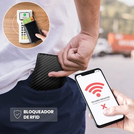 Tarjetero de Cuero para Hombre, Carteras para Hombre RFID que Bloquean el Dinero Clip de Doble Pliegue Delgado, Capacidad para 6 Tarjetas de Crédito (Fibra Carbono Negra)