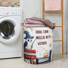 Large Laundry Hamper Basket Owl Wizard Round Collapsible Storage Organizer Bin for Kids, Boys, Nursery, Closet, Bedroom, Playroom, Toys, Dirty Clothes, 16"W x 20"H