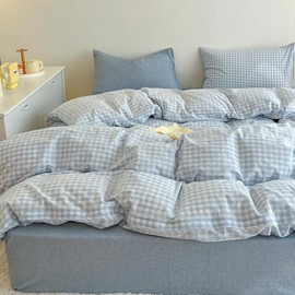 Covebett Checked Bed Linen 135 x 200 cm Blue White Bed Linen Set Washed Microfibre 2-Piece Modern Aesthetic White Pink Check Grid Duvet Cover with Zip and Pillowcase 80 x 80 cm