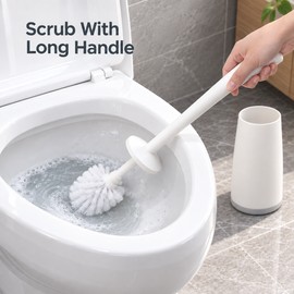 Long Handle Toilet Brush with Holder – 360° Round Bristle Toilet Bowl Cleaning Brush with Standing Base