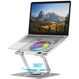 YTech Laptop Stand,with 360°Rotating Base,External Cooling Fan,Adjustable RGB Lighting,Ergonomic Foldable Notebook Computer Holder.Compatible with All 10-17" Laptops Tablets,Silver