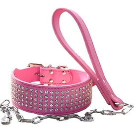 haoyueer 2 inches Wide Leather Rhinestone Crystal Diamante Jeweled Dog Collar Chain Leash Lead Set Heavy Duty Fit Pitbull, Bulldog, Doberman(Hot Pink,S)