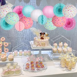 15PCS Donut Birthday Party Decorations Hanging Donut Paper Lanterns Paper Fan Honeycomb Ball Baby Shower Ice Cream Party(Donut-Blue and Pink 15 Pieces)