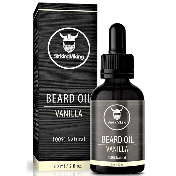 Vanilla Beard Oil (Large 2 oz.) - 100% Natural Beard Conditioner with Organic Tea Tree, Argan, and Jojoba Oil with Vanilla Scent - Softens, Smooths, and Strengthens Beard Growth by Striking Viking