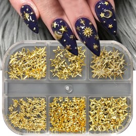 6 Grids Gold Nail Charms Star Metal Nail Art Charms Mixed Shape 3D Alloy Nail Supplies Cross Stars Nail Jewelry Charms Kawaii Nail Art Studs for Women DIY Nail Art Decoration Accessories