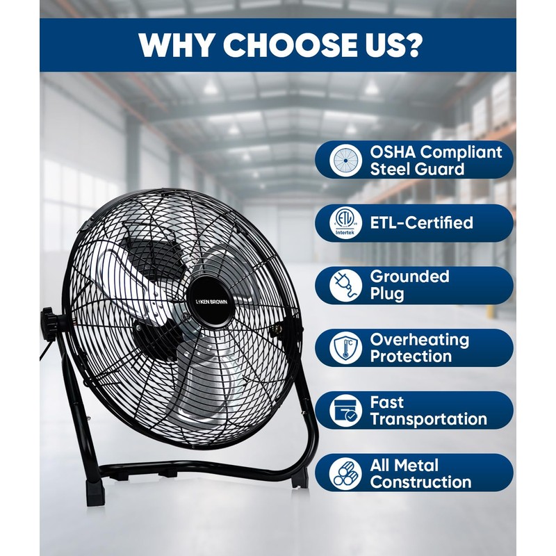 KEN BROWN 14 Inch High Velocity Metal Floor Fan 3-Speed