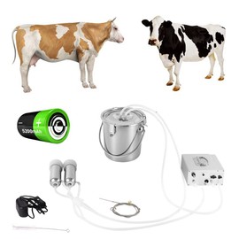 3L Cow Electric Milking Machine, Automatic Rechargeable Battery Powered Pulsation Vacuum Pump with 2 Teat Cups Stainless Steel Bucket for Goat(Battery Model)