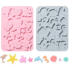 Paquete de 2 moldes de silicona para fondant con temática marina, estrellas de mar, coral, caballito de mar, tortuga, marina, delfín bajo el mar, estilo marino, molde de jabón hecho a mano,