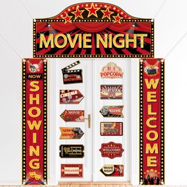 Naozinebi 15Pcs Movie Night Decorations Set Movie Theme Door Banner with Awning Movie Theater Directional Signs Welcome Now Showing Hanging Porch Sign Backdrop for Film Theme Birthday Party Home Decor