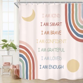 Imirell Kids Boho Rainbow Shower Curtain 72Wx78H Inches Abstract Inspirational Quotes Funny Pink Positive Motivational Girl Muted Moon Sun Fabric Waterproof Polyester with 12 Pack Hooks Plastic