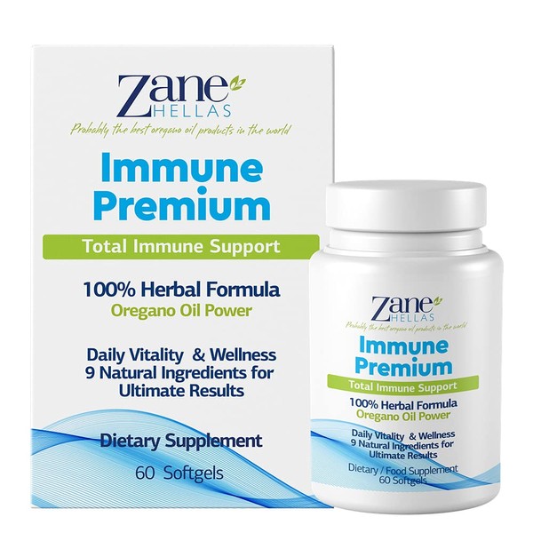 Zane Hellas Immune Premium Softgels. Immune Support. Multiple Defense System. Wellness Support. Provides Strong Antioxidants. 100% Herbal Solution. 120 Softgels. Pack of 2