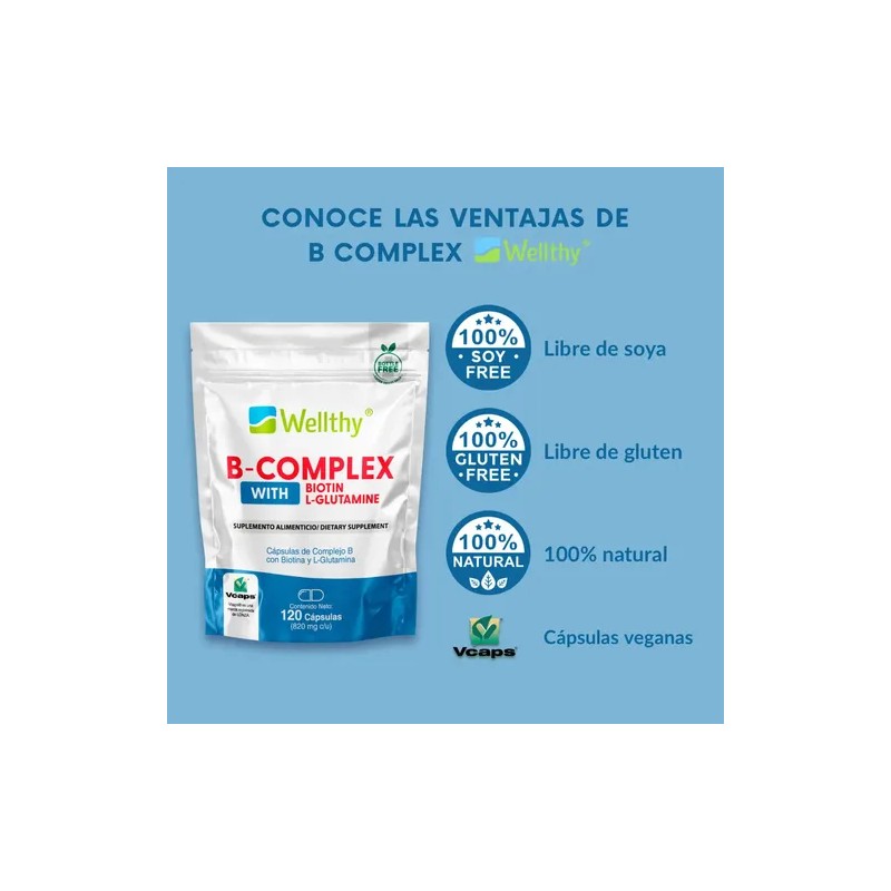 Complejo B Con Glutamina Y Biotina, 120 Cápsulas Wellthy