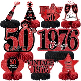 9Pcs 50th Birthday Decorations Red and Black 50th Birthday Party Decorations for Women,Happy 50 Years Vintage 1976 Aged Honeycomb Centerpieces Table Sign Decor Supplies