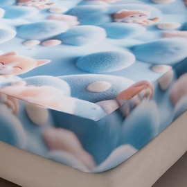 NATURETY Bedding Fitted Sheet with Deep Pocket,3D Simulated Cats Pattern Printed Fabric Bed Sheets (Blue Cats,Queen)