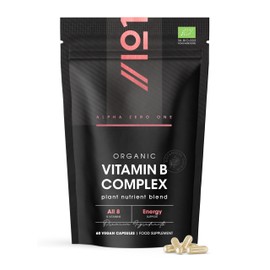 Organic Vitamin B Complex – 100% Plant Based Blend - 60 Vegan Capsules – All 8 B Vitamins – Energy Support – Resealable and Recyclable Pouch by Alpha01