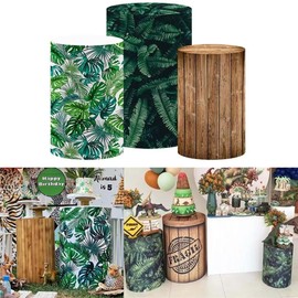HISDH Vintage Wood Planks Spandex Round Cylinder Fabric Covers Jungle Safari Birthday Party Decorations Pedestal Stand Tablecloth Cover Baby Shower Wedding Parties(Fit for D13''xH24'' Tables)