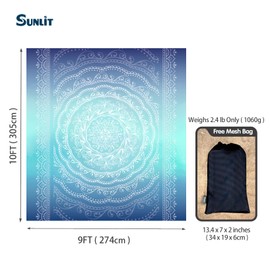 Sunlit 10'x9' Extra Large Boho Sand Proof Beach Blanket, Sand Proof Mat with Corner Pockets and Mesh Bag for Beach Party, Travel, Camping and Outdoor Music Festival, Ombre Blue Mandala