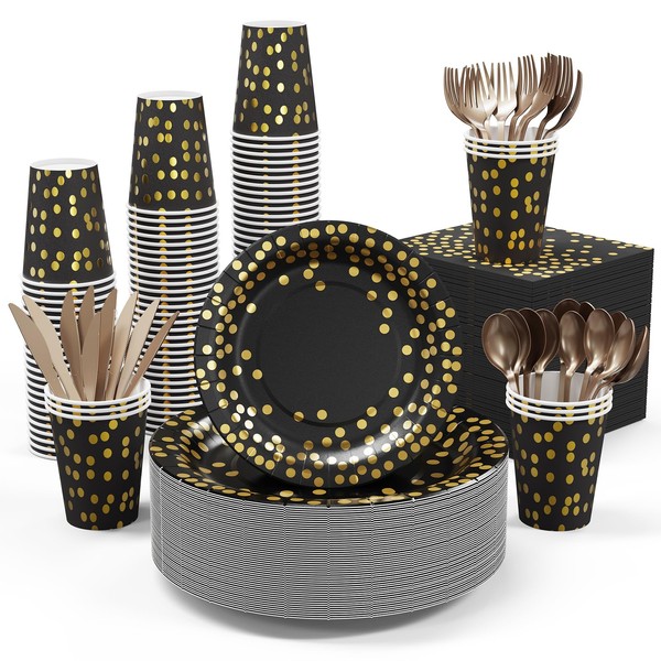 Black and Gold Party Supplies - 350 PCS Disposable Dinnerware Set - Black Paper Plates Napkins Cups, Gold Plastic Forks Knives Spoon for Halloween, Graduation, Birthday, Cocktail Party