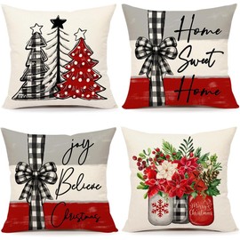 ALINK Christmas Throw Pillow Covers 18x18 Set of 4 Farmhouse Xmas Decorations Christmas Tree Floral Mason Jar Winter Holiday Decor Throw Cushion Case for Home Couch