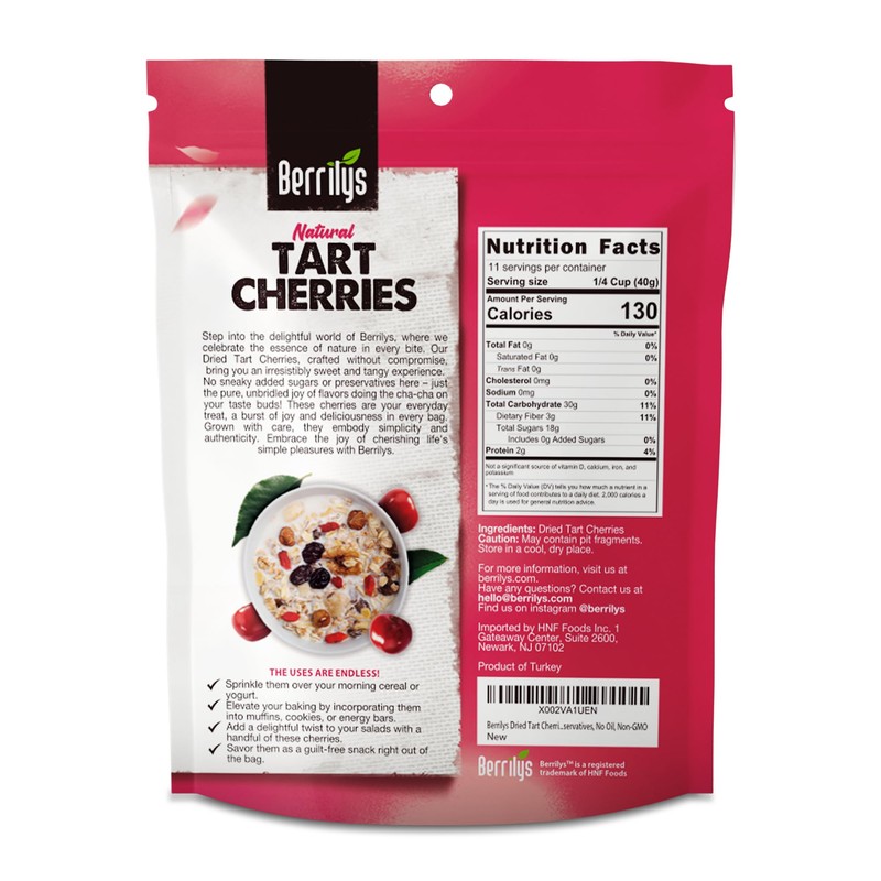 Berrilys Dried Tart Cherries - Unsweetened, No Sugar Added, Pitted,
