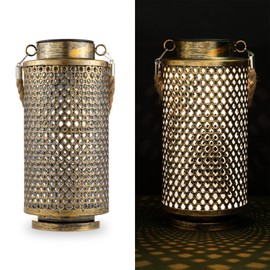 Navaris LED Solar Lantern Cylindrical for Outdoor Use with Carry Handle Cool Shade Effect Oriental Garden Solar Lantern Garden Decoration Lamp Gold