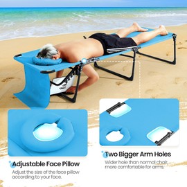 KING BIRD Chaise Lounge Chair with Face-Down Hole & Arm Hole, 300lbs Support 5-Positon Adjustable Folding Tanning Recliner for Outdoor Pool Beach Patio Lawn Camping Sunbathing Reading, L - Blue