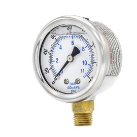 PIC Gauge 201L-204F Glycerin Filled Industrial Bottom Mount Pressure Gauge with Stainless Steel Case, Brass Internals, Plastic Lens, 2" Dial Size, 1/4" Male NPT Connection Size, 0/160 psi Range