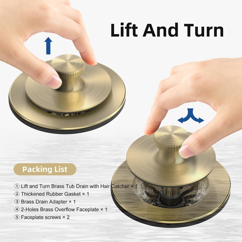 Sogmeter Brushed Gold Bathtub Drain, Hair Catcher and 2-Hole Overflow
