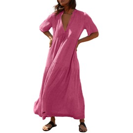 Gacaky Summer Dress for Women Casual Short Sleeve Deep V Neck Sundress Flowy Loose Beach Long Dress Rose Red S