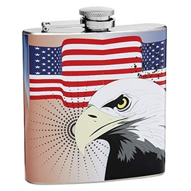 Hip Flask Gift Set with Refill Funnel and 2 Stainless Steel Shot Glasses - American Flag with Bald Eagle Design - Multicolor Wrapped Vinyl Finish - 6 oz Flask - Gift Box Included