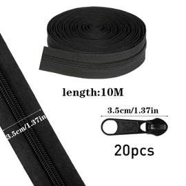 Xmart Pack of 2 Endless Zip with 20 Zips, Endless Black Zip, Separable Nylon Zip, Sold by the Metre for Clothing, Bed Linen, Pillows, 5#, 10 m Long, 3.5 cm Wide