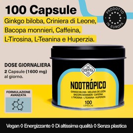 100 Capsule di Nootropico Naturale - 800 mg - Memoria, Concentrazione, Energia - Ginkgo Biloba, Criniera di Leone, Caffeina, Bacopa Monnieri, Tirosina, Teanina, Huperzia - Prodotto in Europa