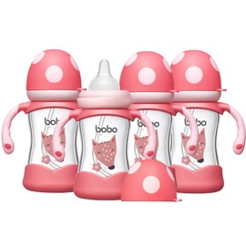 YOHKOH Natural Glass Baby Bottle with Natural Response Nipple, Wide Neck Baby Bottles with Handle, Newborn Anti-Colic Baby Bottles Gift Set, Clear (5.4oz (Pack of 4), Red)