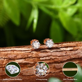 GEMQUEEN Moissanite Earrings Studs : 18K Rose Gold Plated 925 Sterling Silver Earrings for Sensitive Ears Women Men Hypoallergenic Dainty Gold Stud Earring Jewelry Round Cut D Color VVS1 Clarity 1CT