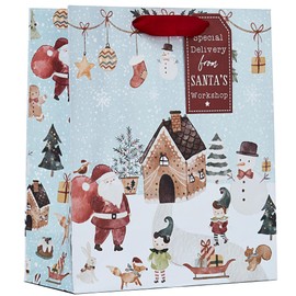 Design By Violet Christmas Santas Workshop Gift Bag Eco Friendly Recyclable with Red Handle and Special Delivery Gift Tag Xmas Gift Wrap Medium