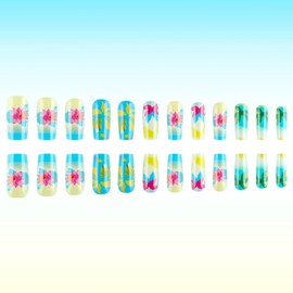Spring Summer Press on Nails Long Square False Nails with Fresh Blue Coconut Tree Flower Colorful Beach Gradient Design Tropical Style Fake Nails Cute Blue White Glue Nails for Women Nail Art 24PCS